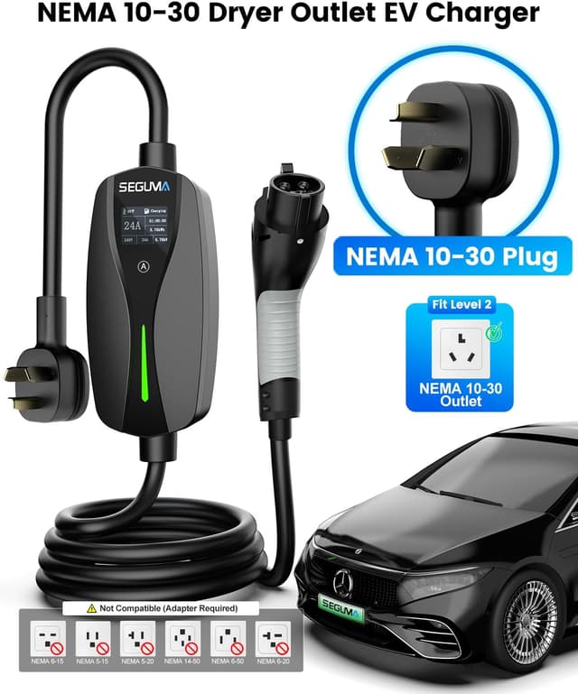Detalle 2 de SEGUMA Level 2 EV Charger with NEMA 10-30 Plug, 24A 240V (10–24A Adjustable), 25FT J1772 Portable Dryer-Outlet Charger