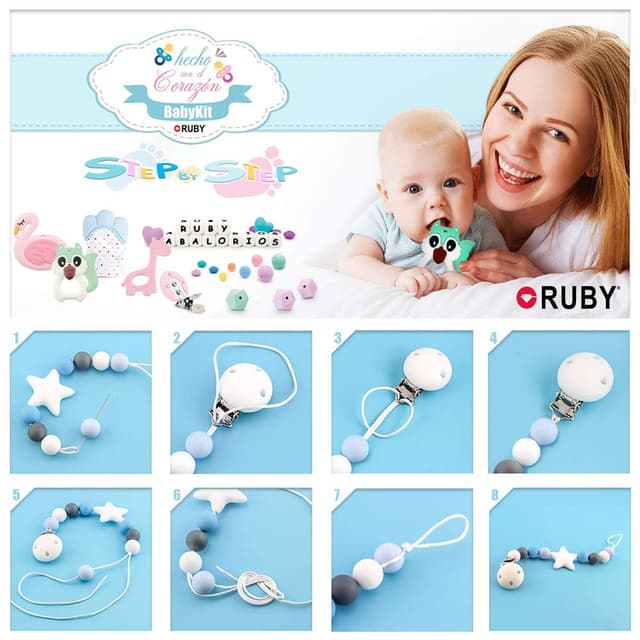 Detalle 2 de RUBY 10er Pack Schnullerclips aus Naturholz, schadstofffrei – mit Metallclip