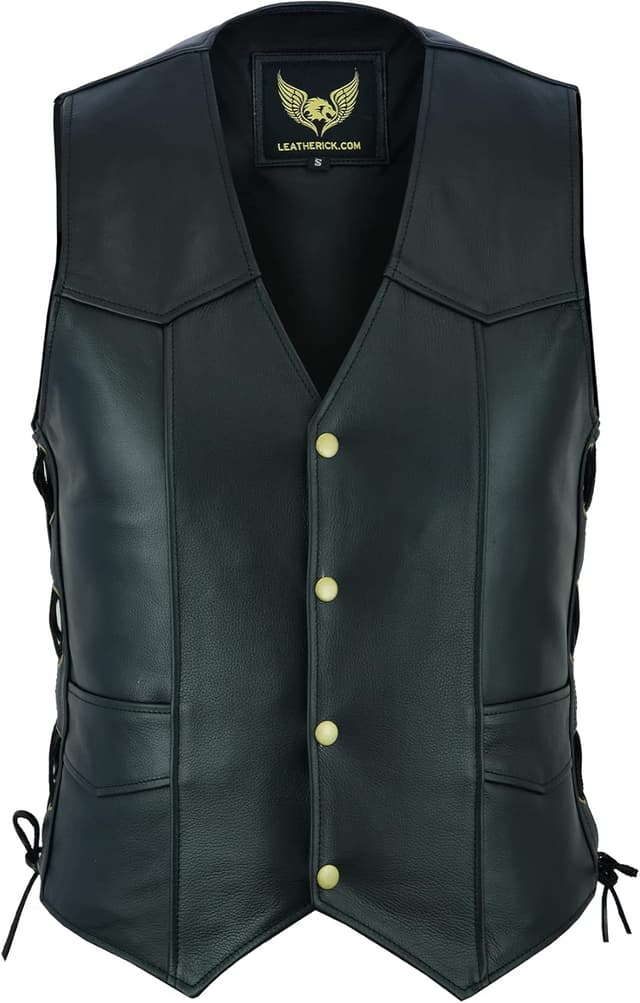 Detalle 2 de Leatherick Herren Premium Top genarbtes Rindsleder Motorradweste mit seitlichen Schnürungen – Schwarz