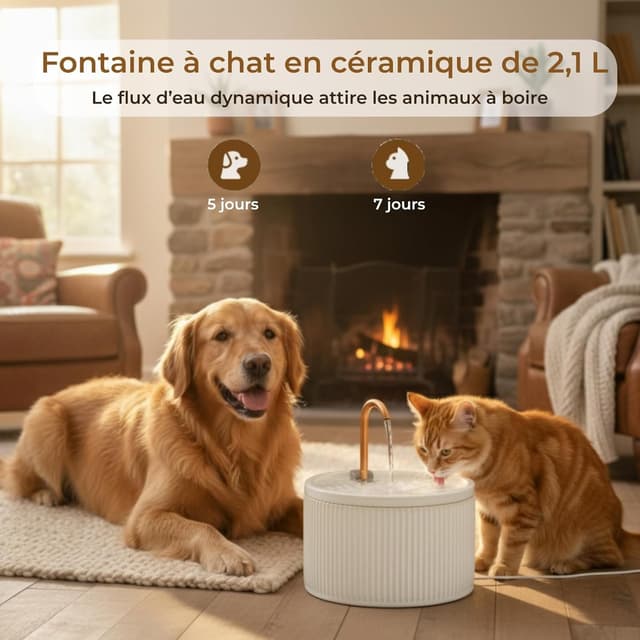 Detalle de Fontaine à eau pour chat Misfans Fontaine a Eau Chat 2,1L en céramique beige avec tube en cuivre anti-algues