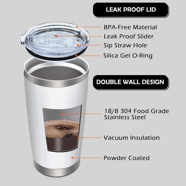 Detalle de AIANJI 20oz Stainless Steel Vacuum Insulated Tumblers (White, 6-Pack) with No BPA Sliding Lid