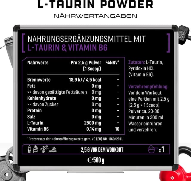 Detalle de German Elite Nutrition Taurin Pulver (L-Taurin) – 500 g, vegan und ohne Zusätze