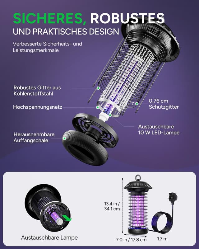 Detalle de Buzbug LED Insektenvernichter MO-008C mit Dual-Band-LED (365/395 nm) für innen & außen
