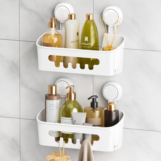 Detalle de LEVERLOC Suction Shower Caddy with 2 Baskets and No-Drill Storage Shelf (White)