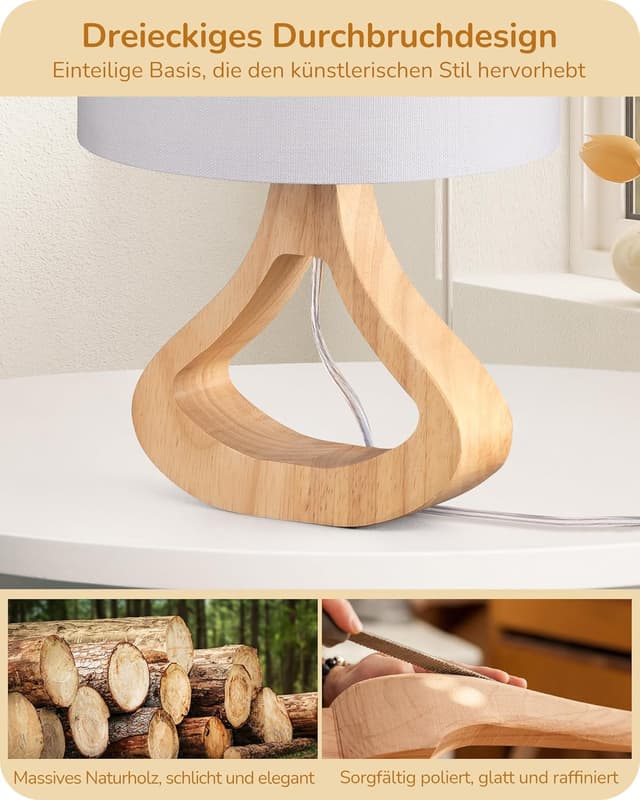 Detalle de EDISHINE Nachttischlampe aus Holz mit Leinen-Schirm und E27-Fassung, 34 cm, weiß