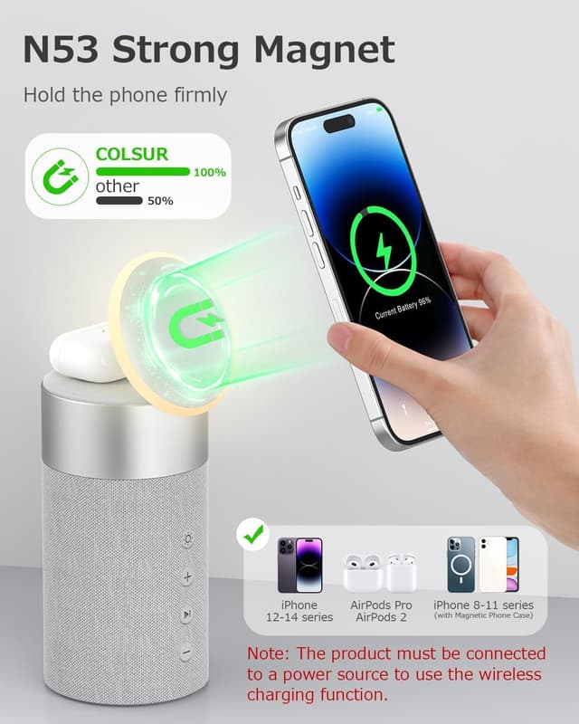 Detalle de COLSUR 2-in-1 Bluetooth Speaker with Wireless Charger & Night Light