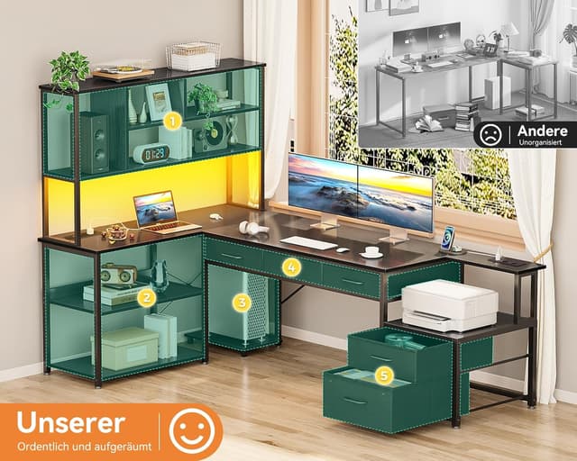 Detalle de Coleshome Eckschreibtisch mit 5 Schubladen, 4 Regalen, LED & Steckdosen/USB (L-Form, 200×110 cm) – Schwarz