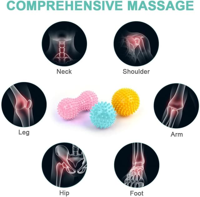 Detalle de URAQT Palline da Massaggio in PVC con punti (3 pezzi) per automassaggio fitness: rosa, giallo e azzurro