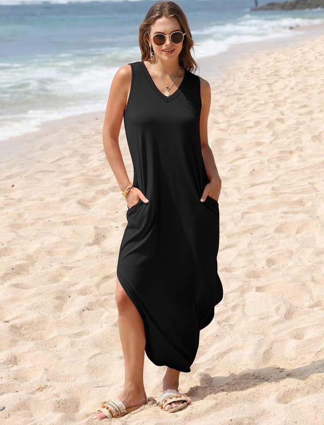 Detalle de Sampeel V-Neck Maxi Summer Dress with Pockets (Beach Vacation Style)