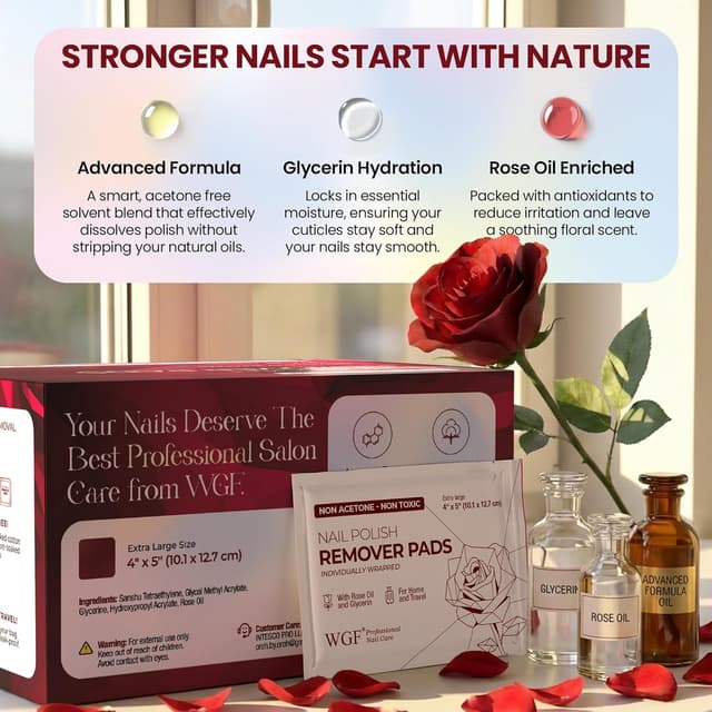 Detalle de Nail Polish Remover Pads (Non-Acetone, Rose Oil) 100-Pack Bulk Set, Individually Wrapped Wipes