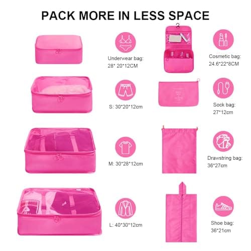 Detalle 2 de OSDUE organizadores para maletas 8 en 1 con hebilla y neceser impermeable (rosa roja)