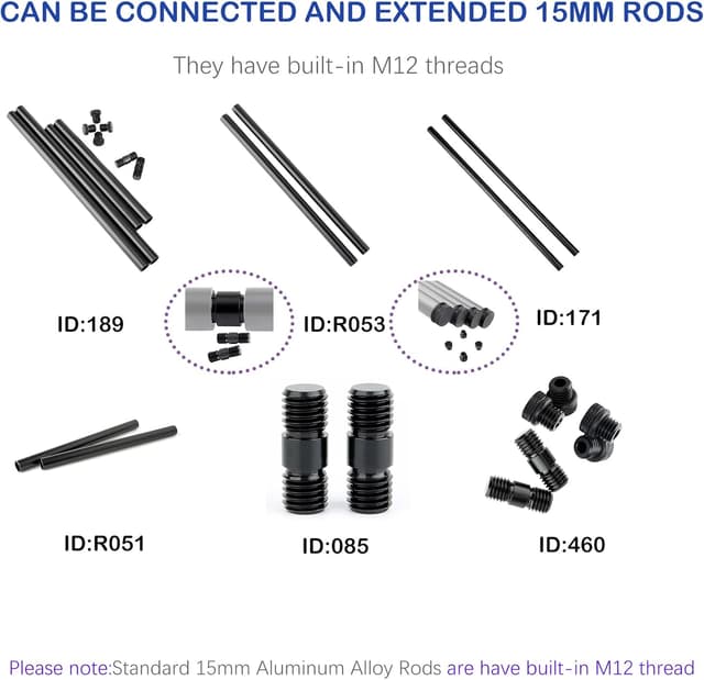 Thumbnail 6 de NICEYRIG Standard 15mm Aluminium Alloy Rods (M12, 20cm) for 15mm Rod Rail System