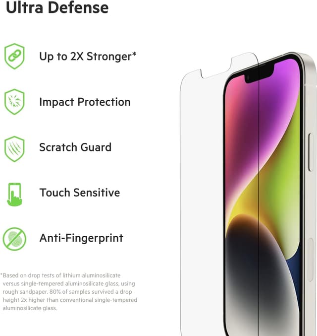 Detalle 2 de Belkin UltraGlass Proteggi schermo per iPhone 14, 13 e 13 Pro antimicrobico 9H