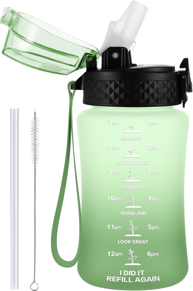 Detalle de GOPPUS 350ml Kids Water Bottle with Straw Lid, Strap and Time Markers (Sage Green Ombre)