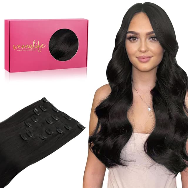 Detalle de WENNALIFE Clip-in Echthaar Extensions (7-teilig), 35 cm, natürliches Schwarz