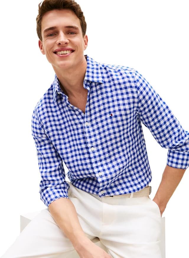Detalle de Tommy Hilfiger Linen Essential Gingham RF Shirt MW0MW42401 camicia in lino gingham uomo