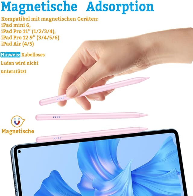Detalle de iPad Stift (Apple Pencil kompatibel) für iPad 2018–2025, mit Neigungssensor, Palm Rejection und Type‑C Schnellladung – Rosa