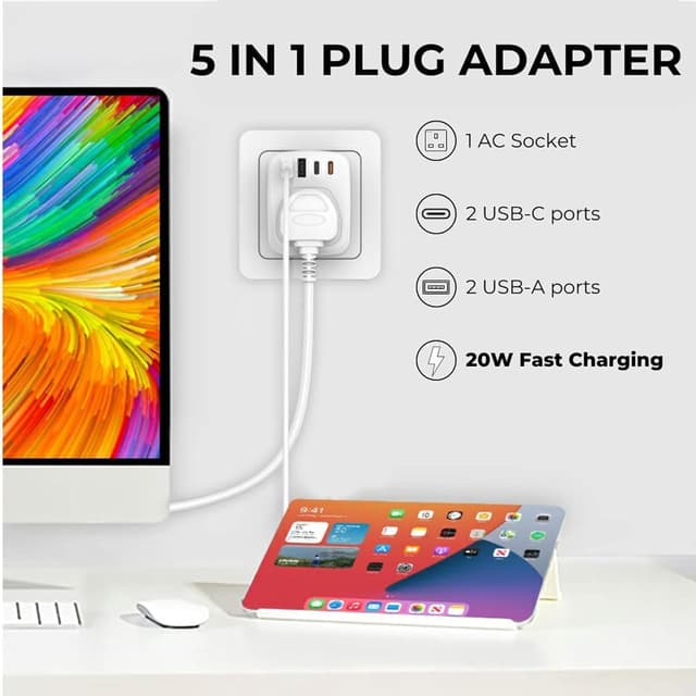 Detalle de Double Dragon 20W Fast Charging 5-in-1 UK to EU Travel Adapter (2× USB-A & 2× USB-C, UK 3-pin to EU 2-pin)