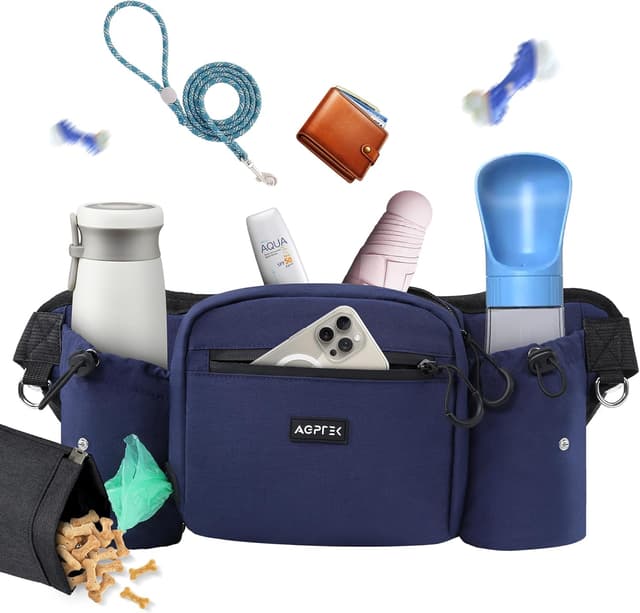 Detalle de AGPTEK Bauchtasche für Hunde mit Leckerli-Tasche, Kotbeutel-Spender und ausziehbaren Flaschenhaltern – Blau