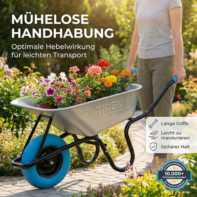 Detalle de TIREX by xonic Schubkarre mit Stahlfelge – verzinkte Wanne bis 250 kg / 100 l, PU-Vollgummi-Rad (Blau/Silber)