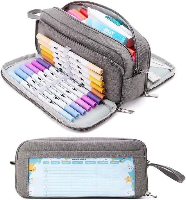 Detalle de KALIDI Federmäppchen mit 3 Fächern – große Kapazität für Schule & Büro, Mäppchen mit Stiftehalterung