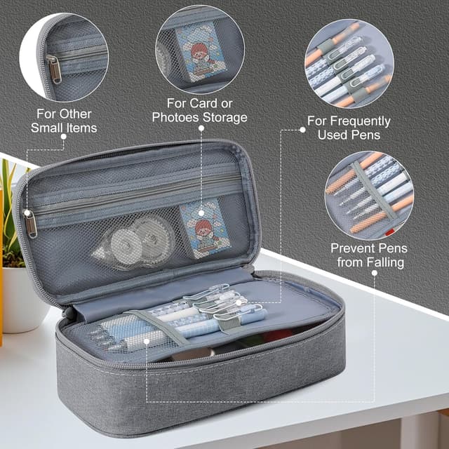 Detalle de Gigmeta Federmäppchen mit 5 Fächern (große Kapazität) – großer Pencil Case für bis zu 80 Stifte, Grau