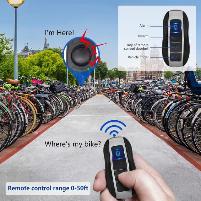 Detalle 1 de Bike Alarm with Remote, USB Rechargeable Waterproof 120dB Anti-Theft Vibration Sensor Alarm