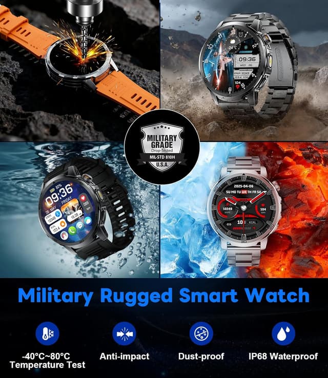 Detalle de Montre connectée homme 1,85" avec appels Bluetooth, cardio et sommeil, étanchéité IP68, torche LED 1000 mAh