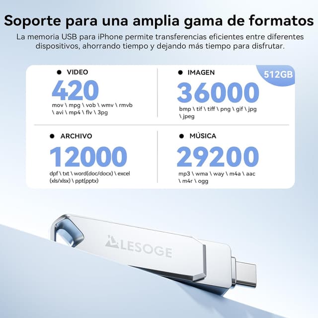 Thumbnail 4 de LESOGE MFi Memoria USB C 512GB 3 en 1 plata