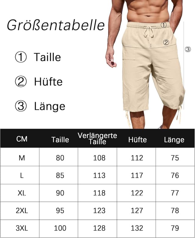Detalle 2 de LVCBL Short en lin pour homme 3/4 : décontracté pour la plage, le yoga et le jogging