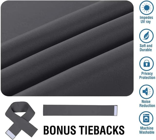 Detalle de BellaHills Super Soft Thermal Insulated Pencil Pleat Blackout Curtains (2 Panels) with Tie Backs, Charcoal Grey