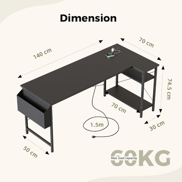 Detalle 2 de Mericonia Small L-Shaped Desk with Power Outlets (140x70 cm) and Reversible Shelves, Black