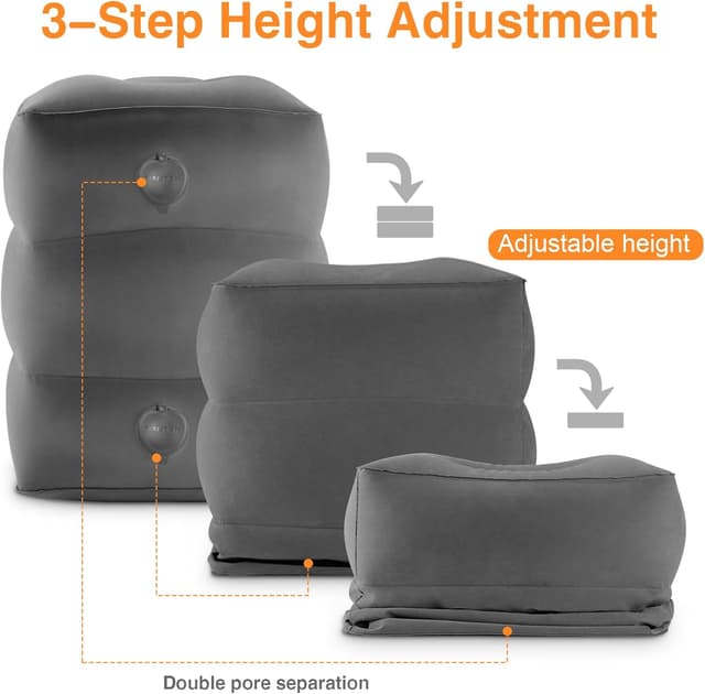 Detalle de Maliton poggiapiedi gonfiabile per aereo (borsa inclusa) – poggiapiedi da viaggio regolabile, grigio scuro