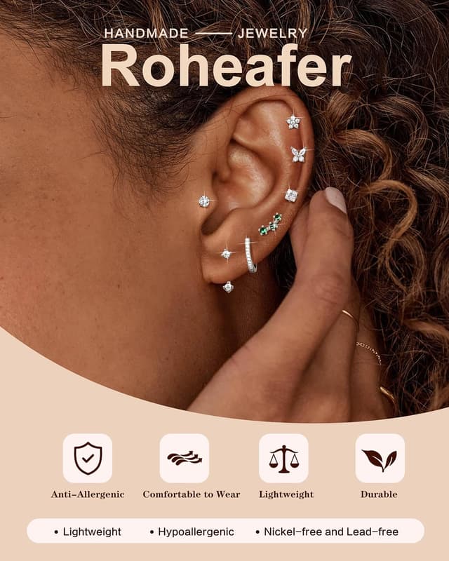 Detalle de Roheafer S925 Sterling Silber Ohrringe-Set mit 14K vergoldeten Ohrsteckern, Opal/CZ & Huggie Creolen (7 Paar)