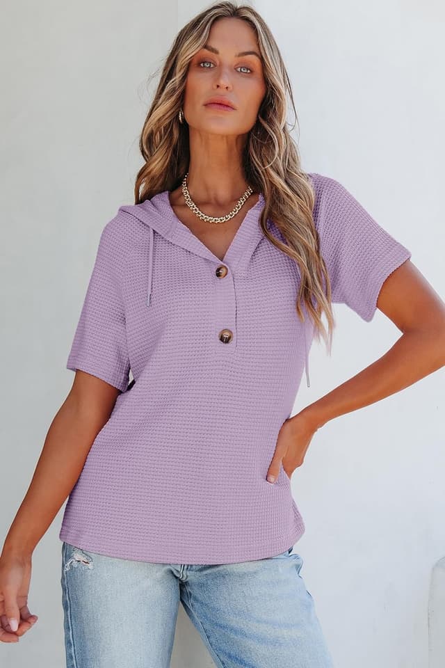 Detalle de Dokotoo Waffle Knit V-Neck Drawstring Hoodie Top for Women (Short Sleeve, Button Front)