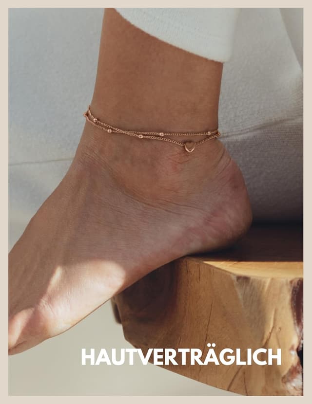 Detalle de Gd. GOOD.designs Fußkettchen Herz für Damen (EST. 2015) – wasserfest, mehrreihig & verstellbar aus Edelstahl