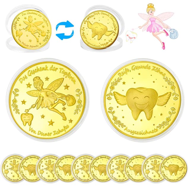 Detalle de VEEKAY 10 Stück Zahnfee-Münzen (Goldfee) – Souvenir & Belohnung für verlorene Milchzähne