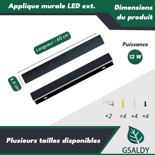 Detalle 2 de Applique murale LED noire étanche IP65 longue 12W (3000 K) en métal pour intérieur/extérieur