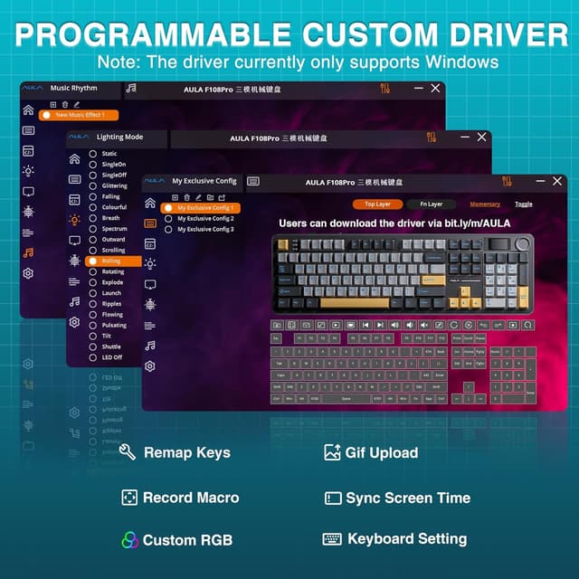 Thumbnail 6 de AULA F108 Pro Wireless Gaming Keyboard (Full Size) with Display, Knob, RGB & Hot-Swappable Grey
