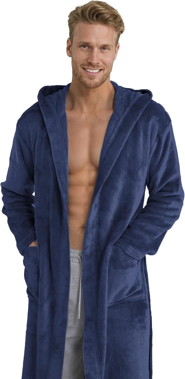 Detalle de Twinzen Kuschelfleece Morgenmantel mit Kapuze (unisex) – weich, warm & bequem, S (schwarz)