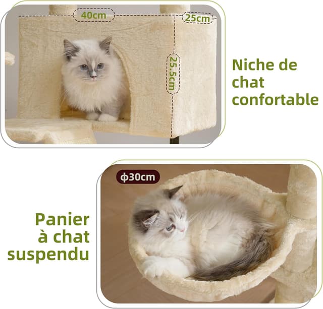 Detalle 2 de Arbre à chat d’intérieur Gitelsnour GCT006SM beige : tour de jeux avec griffoirs, hamac et plateforme amovible