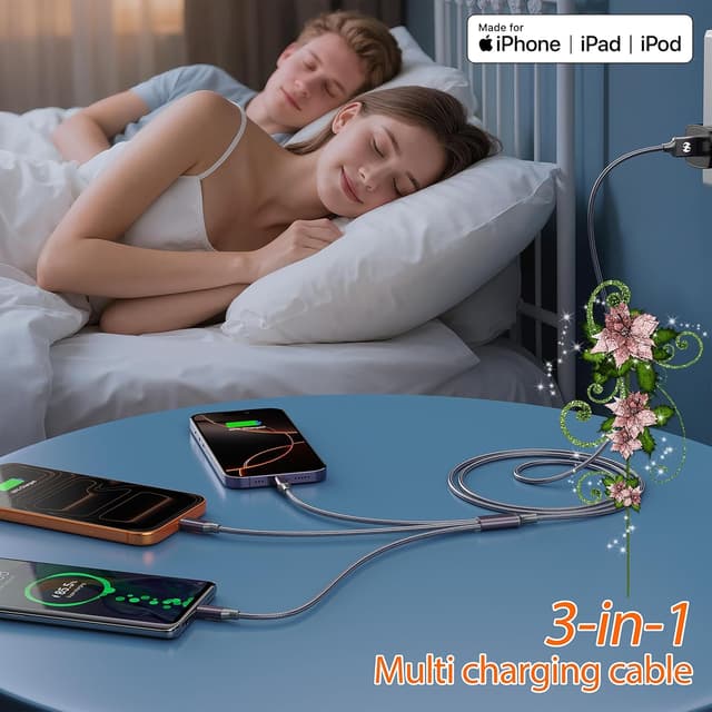 Detalle de Multi Charging Cable (10ft 2-Pack) – 3-in-1 USB Charger Cord for Type-C, Micro USB, and Lightning Devices