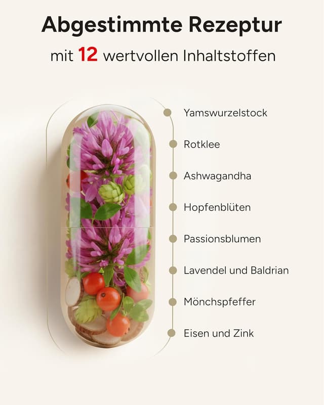 Detalle de 12fach Meno Komplex Wechseljahre Kapseln – Hormon Balance Frauen mit Yamswurzel, Rotklee, Mönchspfeffer, Ashwagandha & Vitamin B6