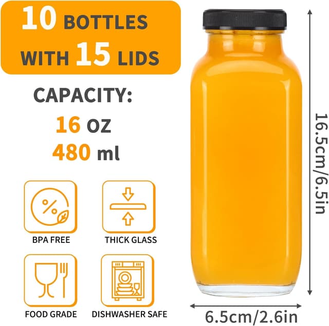 Detalle 2 de CUCUMI 10pcs 16oz Glass Juice Bottles with Lids (Reusable Drinking Jars, Straws & Cleaning Brush Set)