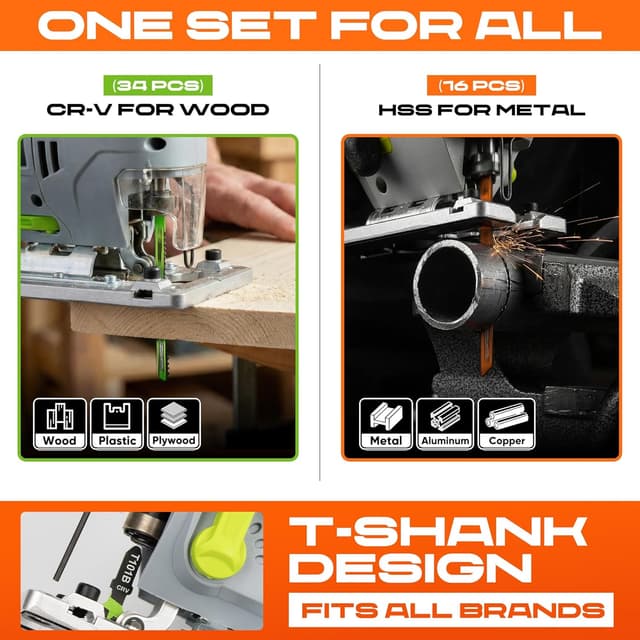 Detalle de EZUVITA 25-Piece T‑Shank Jigsaw Blade Set with Storage Case for Wood, Plastic and Metal