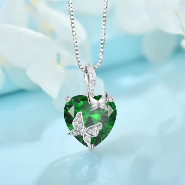Detalle de FJ Schmetterling Kette für Damen aus 925 Sterling Silber mit Herz und Geburtsstein – Anhänger-Halskette als Geschenk