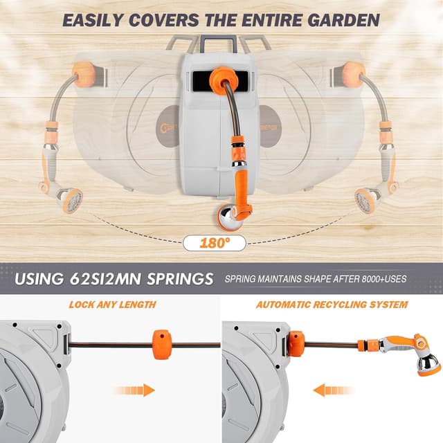 Detalle de Bietor Retractable Garden Hose Reel 30m + 2m (Wall Mounted) with 10-Pattern Nozzle, Auto Lock & Auto Rewind