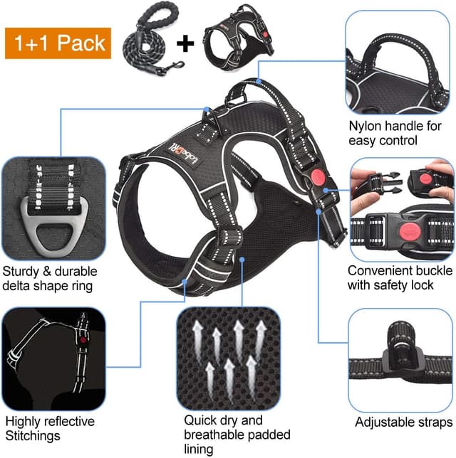 Thumbnail 2 de No Pull Dog Harness Adjustable Reflective 5ft Leash
