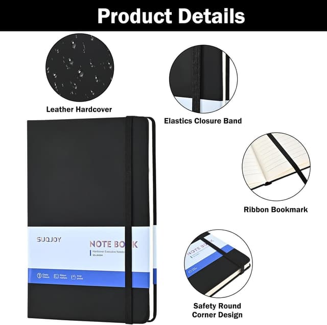 Detalle de SUQJOY 4 Pack A5 Lined Hardback Notebook Set (100gsm, 160 pages each) – Black