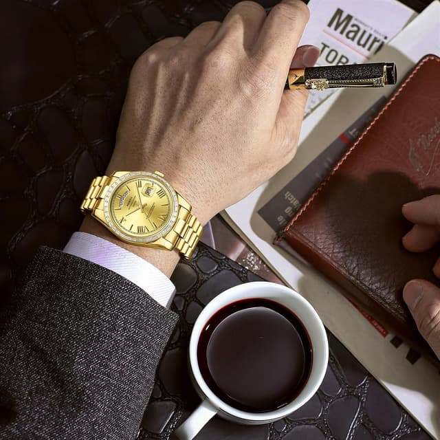 Detalle de NIBOSI Men’s Analogue Quartz Watch with Diamond Bezel (Rose Gold/Silver) and Day-Date Calendar